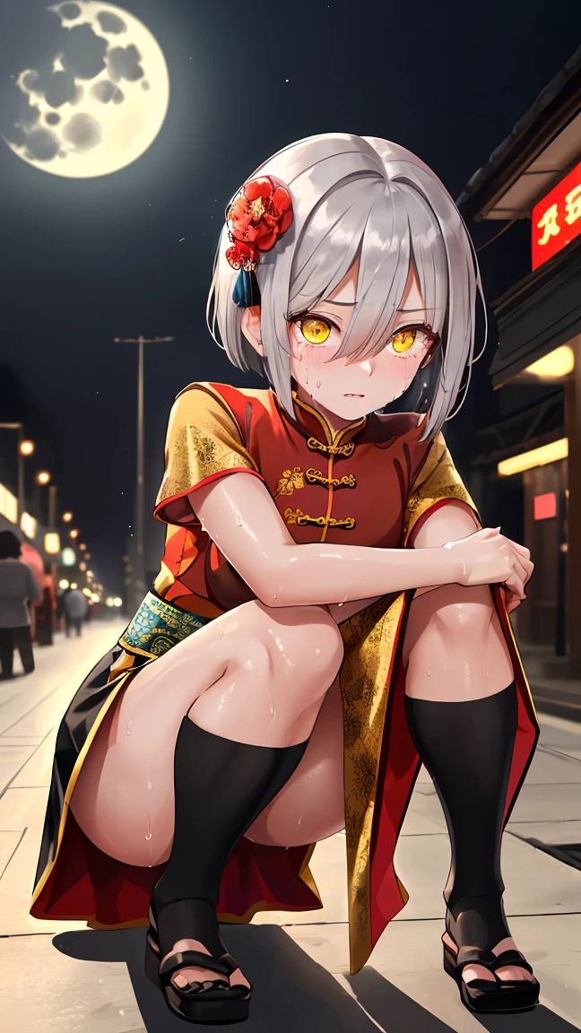 young girl , short silver bob hair, hair flower, sharp bangs between the eyes, yellow eyes, eyes large, oily skin, traditional chinese imperial clothes black with gold details, red skirt, black thigh high socks, side point of view, crouched in the street. japanese city, outdoor city, city at night, with full moon in the background, light reflecting on the sexy and sweaty body. (((sweat)))