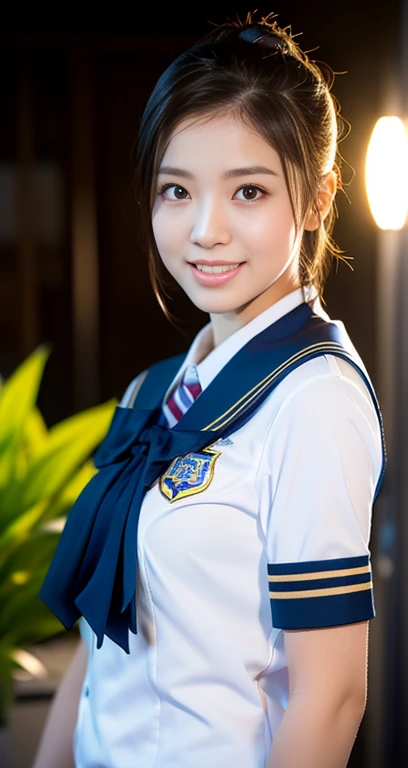 (a youthful eurasian lady, Age 28, at an S.E.A. Aquarium, (((full bodyesbian))), ((Girls' High School Uniforms)), short_bob_hair_ponytail, Dimples, Friendly & Kind smile, snaggle-tooth, realistic skin textures, healthy body proportion, hyper-realism, photorealistic, beautiful detailed eyes, high contrast, ultra HD, top image quality, fine details, very meticulously, masterpiece, the_cowboy_shot, bokeh background, Mood Lighting)