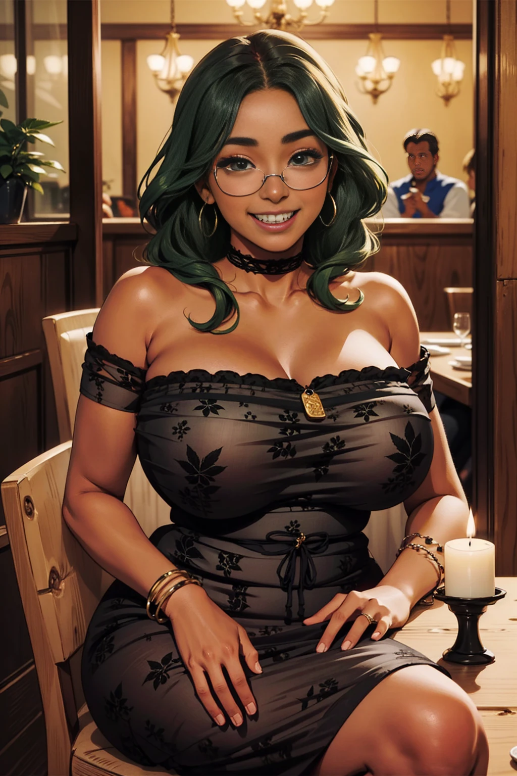 masterpiece, best quality, 1girl, ((plump nerdy ((dark-skinned Haitian)) girl with braces)), smiling, lac3b0dyc0n, bare shoulders, short tight black lace dress, lace choker, jade bracelets and armlets and anklets, solo, long curly green hair, green eyes, rounded nose, full plump lips, (huge breasts:1.3), sexy, sitting in cozy booth at detailed omakase interior with potted cannabis bonsai on candlelit table,