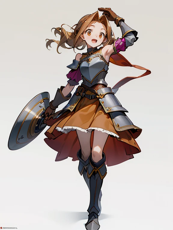 
((1 masterpiece, high resolution, best quality, 4k quality)), beautiful imagen, same character, 1 girl, solo,  in love, excited,very happy, smile, open mouth, adventurers, musketeer, rpg, medium breasts, golden almond eyes, long brown hair, drill hair, hip bones, collarbone, skirt, school skirt, blouse, school blouse, ((leather armor)), leather breastplate, heart plate, leather gloves, asymmetrical gloves, leather boots, asymmetrical footwear, heeled boots, shoulder armor, ((single shoulder)), leather corsette, chest harness, full body, standing, ,simple background, gray background,
