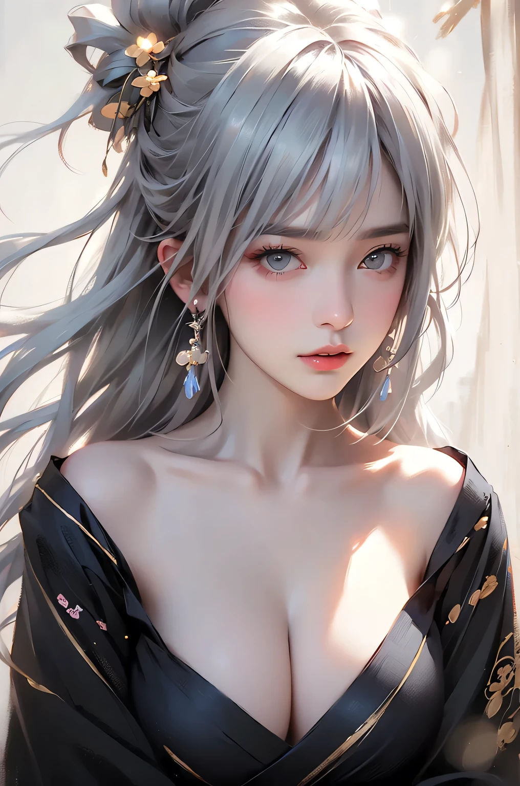 super high quality, masterpiece, Perfect illustration, Very detailed (Exquisite light and shadow, Very dramatic photo,Backlight) , ((Gray Hair:1.5))1 Girl,(( alone:1.6)), (Wearing Japanese clothes, Black and white kimono,Monotony,Long sleeve) Flower Field, Flowers, (White smoke:1.3) (Realistic:1.4), Zen Intertwining, Tangled, Official Art, unity 8k wallpaper, Very detailed, Beautiful and beautiful, masterpiece, Highest quality, (Dynamic Angle: 1.4), Glowing Skin, (Floating colorful flashes: 1) The most beautiful chaotic shapes, elegant, Brutalist Design, Bright colors, Romantic Depth of Field Exotic_dance, half_naked、Expose your shoulders、Ample breasts、Great cleavage、(from forward)