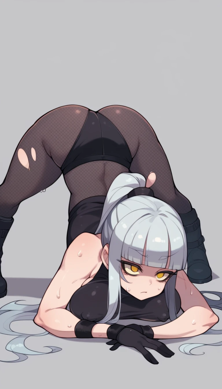 score_9, score_8_up, score_7_up, score_6_up, score_5_up, score_4_up, BREAK ,blunt bangs,Gray Hair,Yellow Eyes,ponytail,very big breasts,Sweaty,Overflowing breasts,empty eye,Erect nipples,Jack O Pose,boots,Fishnet tights