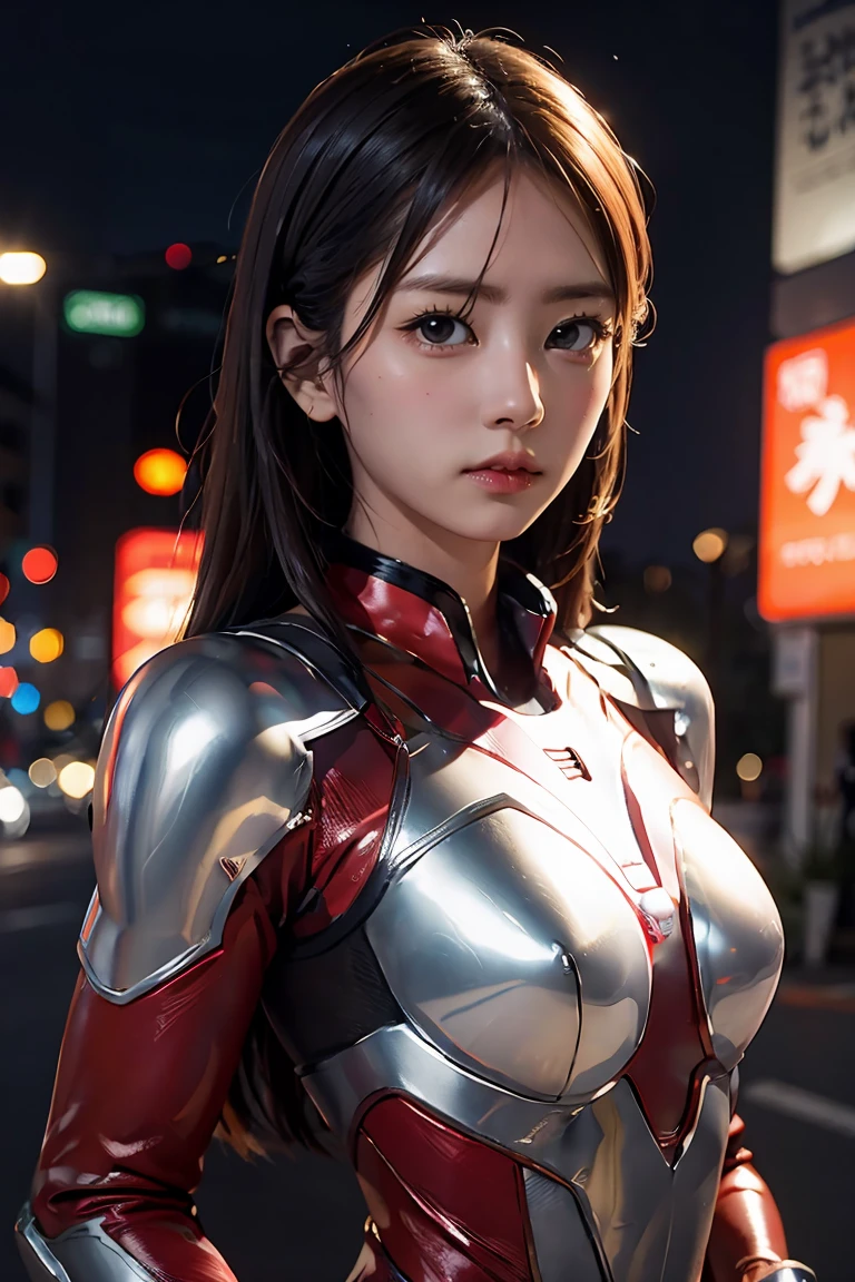 Ultraman、realistic、realistic、cinematic lighting, Girl in a shiny red and silver suit、、professional photos、Don'Do not expose your skin, japanese model, japanese cgi、Ultraman Suit、, Power Rangers Suit、tight and thin cyber suit,Whole body rubbery、There's pink There、 delicate body, big breasts、small ass、thin thighs、thin arms、thin waist、camel toe、Both sides of the cyber suit stick to the skin、Big eyes、black short hair、facing the front、facing the front立っている、A glowing sphere is embedded in the chest.、Essay Examination、 blue sky background