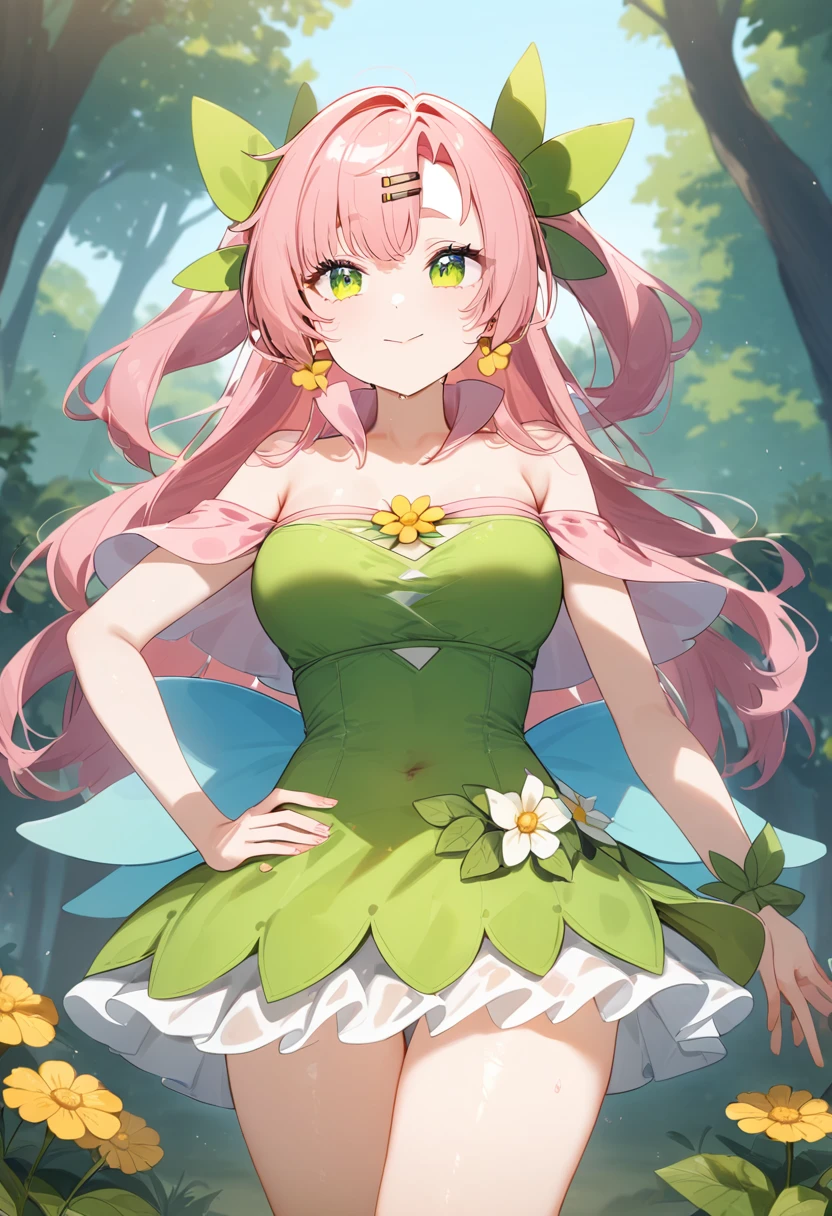 An anime girl，Pink long hair，Green eyes，chest，thigh，Flower Fairy Costume，forest