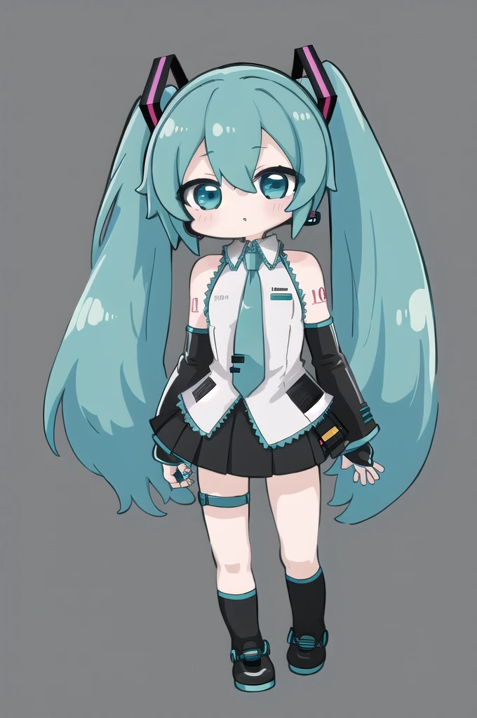 masterpiece, best quality, highly detailed, nozochibi, 1girl, (chibi:1.4), hatsune miku, simple background, full body, cyber girl, emo, Hatsune Miku,