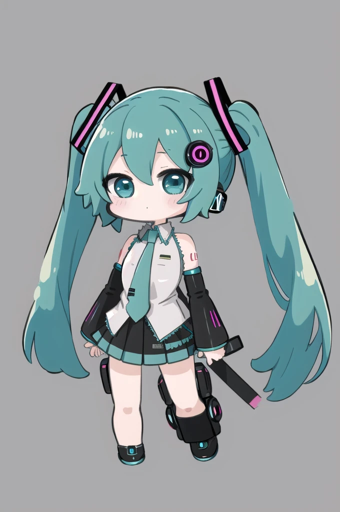 masterpiece, best quality, highly detailed, nozochibi, 1girl, (chibi:1.4), hatsune miku, simple background, full body, cyber girl, emo, Hatsune Miku,
