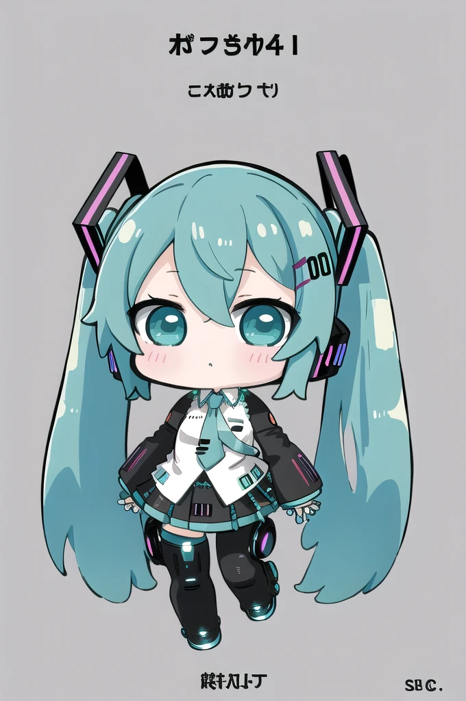 masterpiece, best quality, highly detailed, nozochibi, 1girl, (chibi:1.4), hatsune miku, simple background, full body, cyber girl, emo, Hatsune Miku,