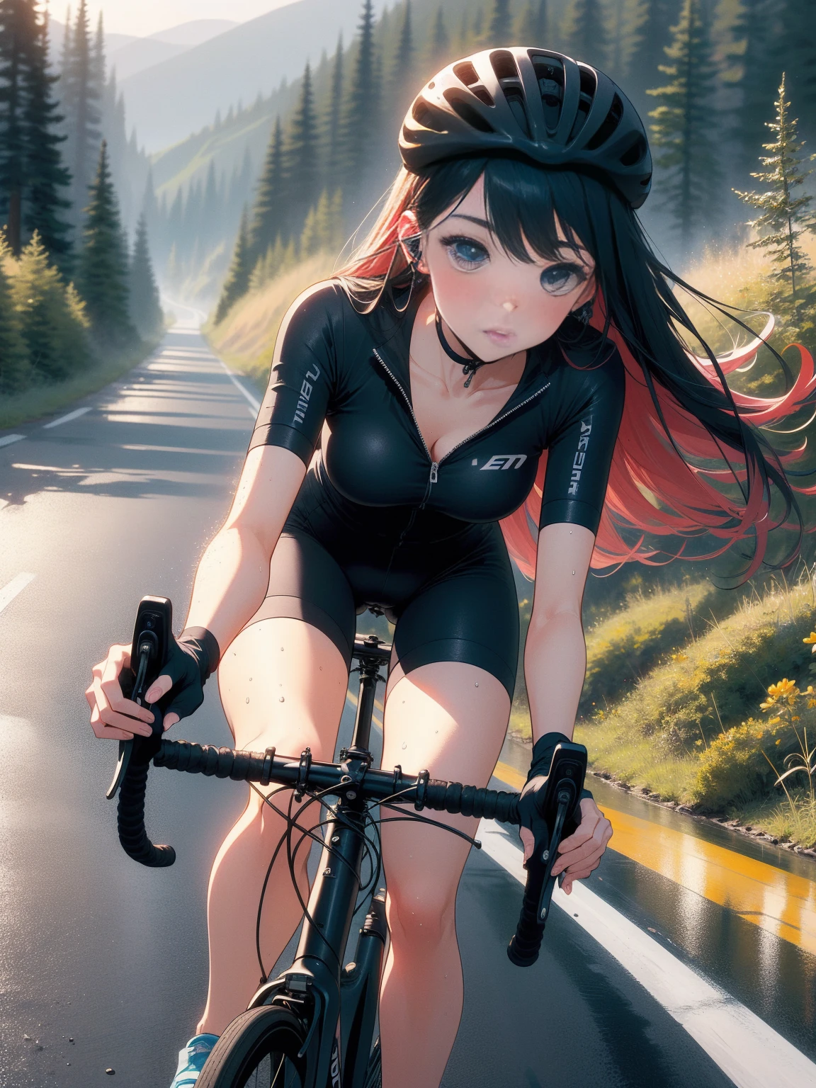 (((masterpiece))), (((Highest quality))), (((Ride a road bike))), downhill, Sudden, Eye mask, earphone, Cycling Shorts, Wind, Speed Lines Effect, alone, 1 Girl, ribbon, Long Hair, Split, Big Breasts, shy. blush,  