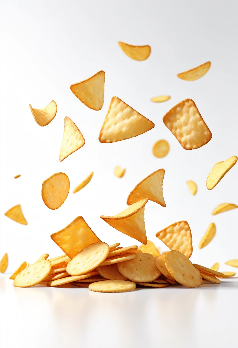 3d shape, chips in the air, crispy texture, white background