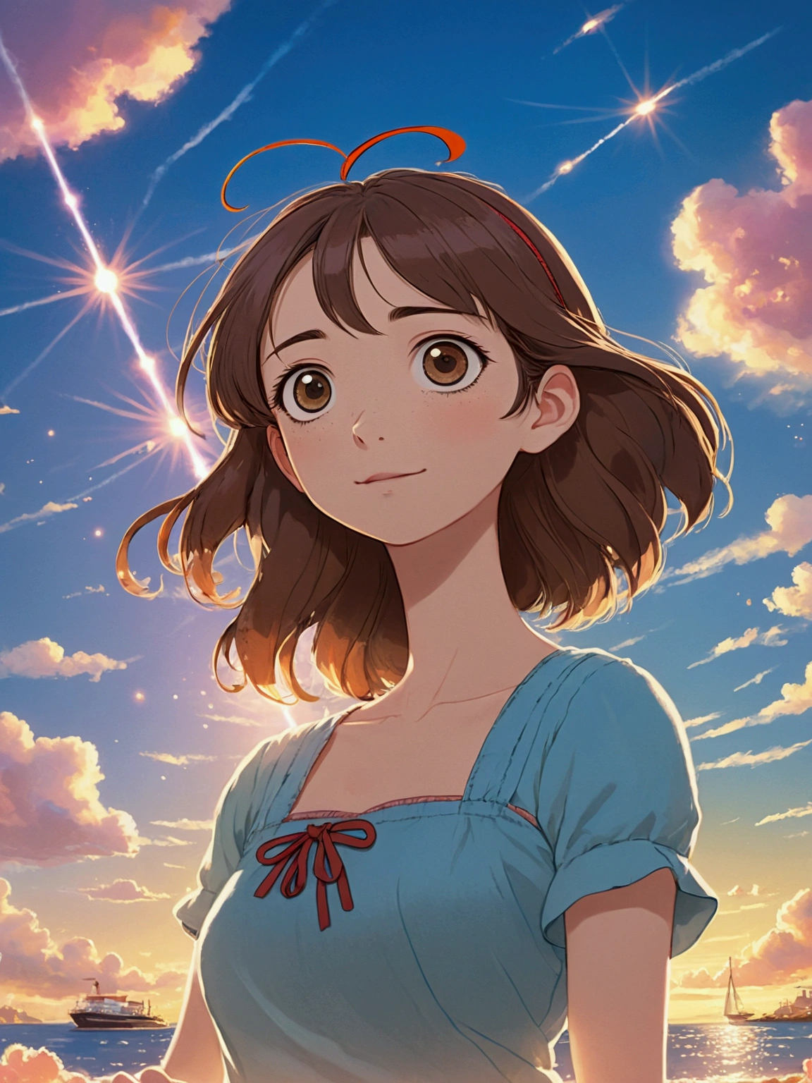 Feminized Maple Manyo, Illustration Style, beautiful,Relaxing with a cup of coffee at a seaside cafe, One person, Long Hair Girl, Big eyes、City pop fashion、The sea spreads out before your eyes, City pop fashion, Anime Style