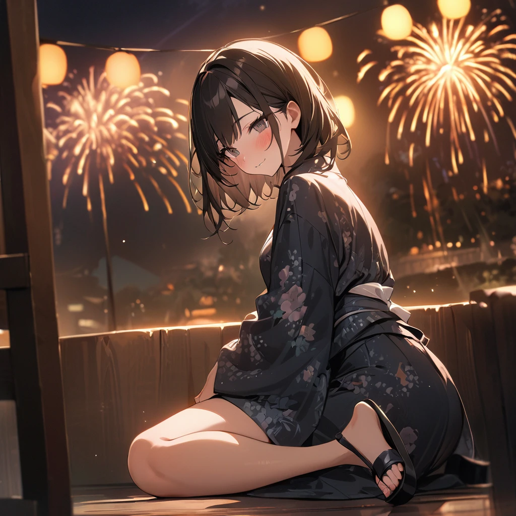One girl、(((最high quality)), ((masterpiece)), (detailed), masterpiece, 最high quality, high quality, 超detailed, Perfect Face, ((One girl, Black Bob Hair,))、Shiny Hair、Glowing Skin、blush、(yukata)、Sandals、Small Breast Summer、port、(firework)