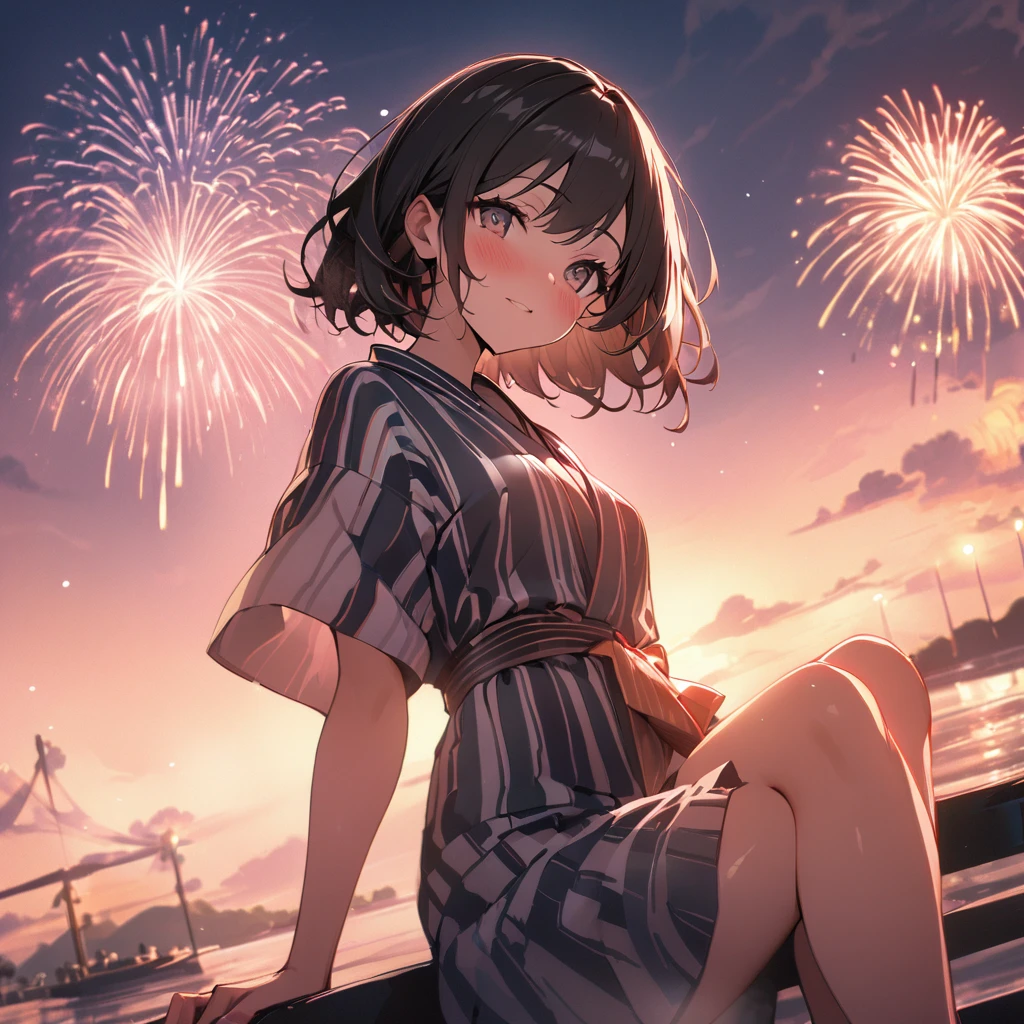 One girl、(((最high quality)), ((masterpiece)), (detailed), masterpiece, 最high quality, high quality, 超detailed, Perfect Face, ((One girl, Black Bob Hair,))、Shiny Hair、Glowing Skin、blush、(yukata)、Sandals、Small Breast Summer、port、(firework)
