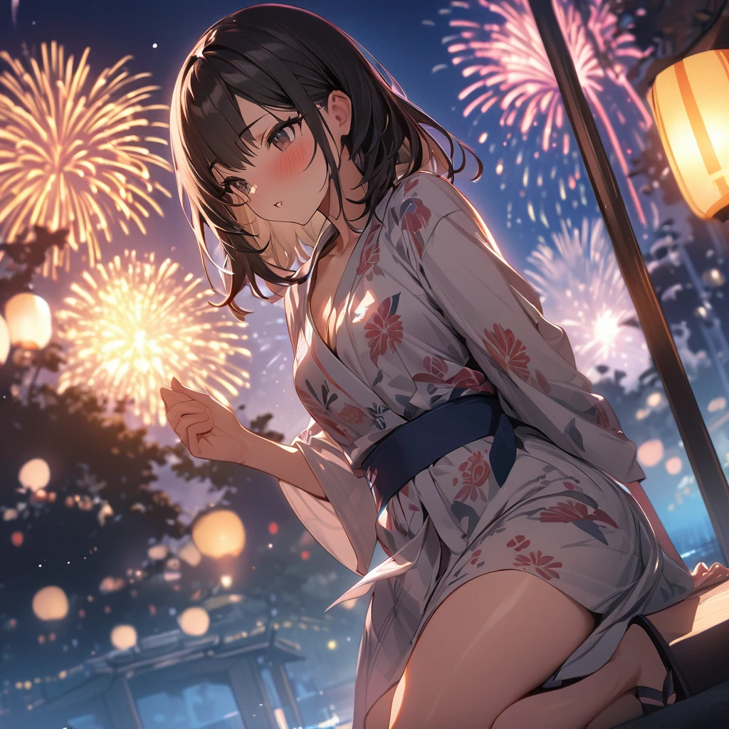 One girl、(((最high quality)), ((masterpiece)), (detailed), masterpiece, 最high quality, high quality, 超detailed, Perfect Face, ((One girl, Black Bob Hair,))、Shiny Hair、Glowing Skin、blush、(yukata)、Sandals、Small Breast Summer、port、(firework)