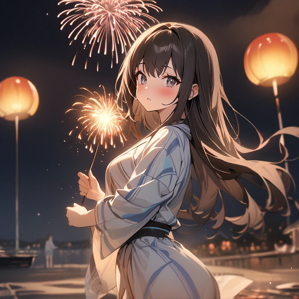 One girl、(((最high quality)), ((masterpiece)), (detailed), masterpiece, 最high quality, high quality, 超detailed, Perfect Face, ((One girl, Black Bob Hair,))、Shiny Hair、Glowing Skin、blush、(yukata)、Sandals、Small Breast Summer、port、(firework)
