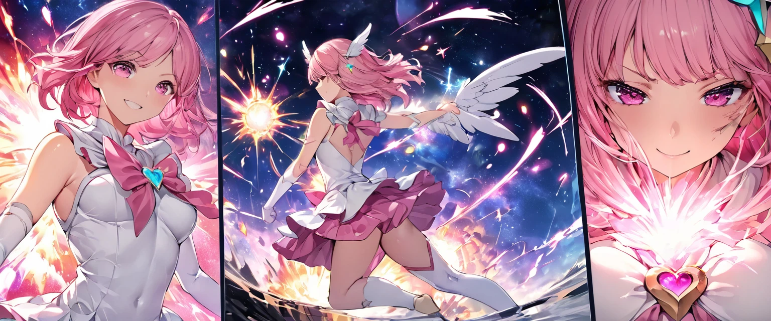 (comics_Layout:1.3), (Combat Stance:1.2), Magical girl, Multiple Girls, (Fight, Damaged), Face Focus, Eye for perfect detail, (Shine, explosion:1.2), (Reflection Burst Fire), Multiple Views, Detailed eye growth, Angel's Eye, Medium Hair, Brilliant White Medium Dress, White elbow gloves, Luminescence Wing Hair Ornament, skirt, Wing brooch, Medium chest, Pink Hair, Pink Eyes, Pink thigh height, Upper Body, No sleeve, (It gushes out:1.1), Contempt, smile, Irritation, (Brilliant colorful luminous effect galaxy background), break (Highest quality:1.3), (An absurd solution:1.1), (Highest quality:1.1), masterpiece, High resolution, very beautiful, Highly detailed CG, Incredibly absurd, comics