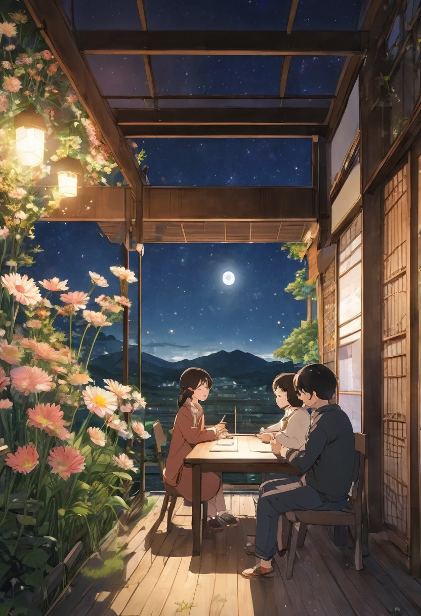 wood、Grass、Surrounded by flowers people々are smiling happily and talking There is a long desk There is a chair An open-air cafe in the middle of nature The sunlight pours in The is studying Adults are working 大peopleと子供が話をしている 大peopleと子供は笑顔 子供は16歳の男の子2peopleと女の子2people 20歳の男性と女性3peopleずついる 40歳の女性が2peopleいる 30歳の男性が3peopleいる Many gerbera flowers in bloom 多くのpeopleが座ってリラックスしている Big April night You can see the starry sky Thousands of stars are shining You can see the Milky Way people々is gazing at the starry sky Romantic atmosphere with a large transparent roof people々が15peopleくらいいる