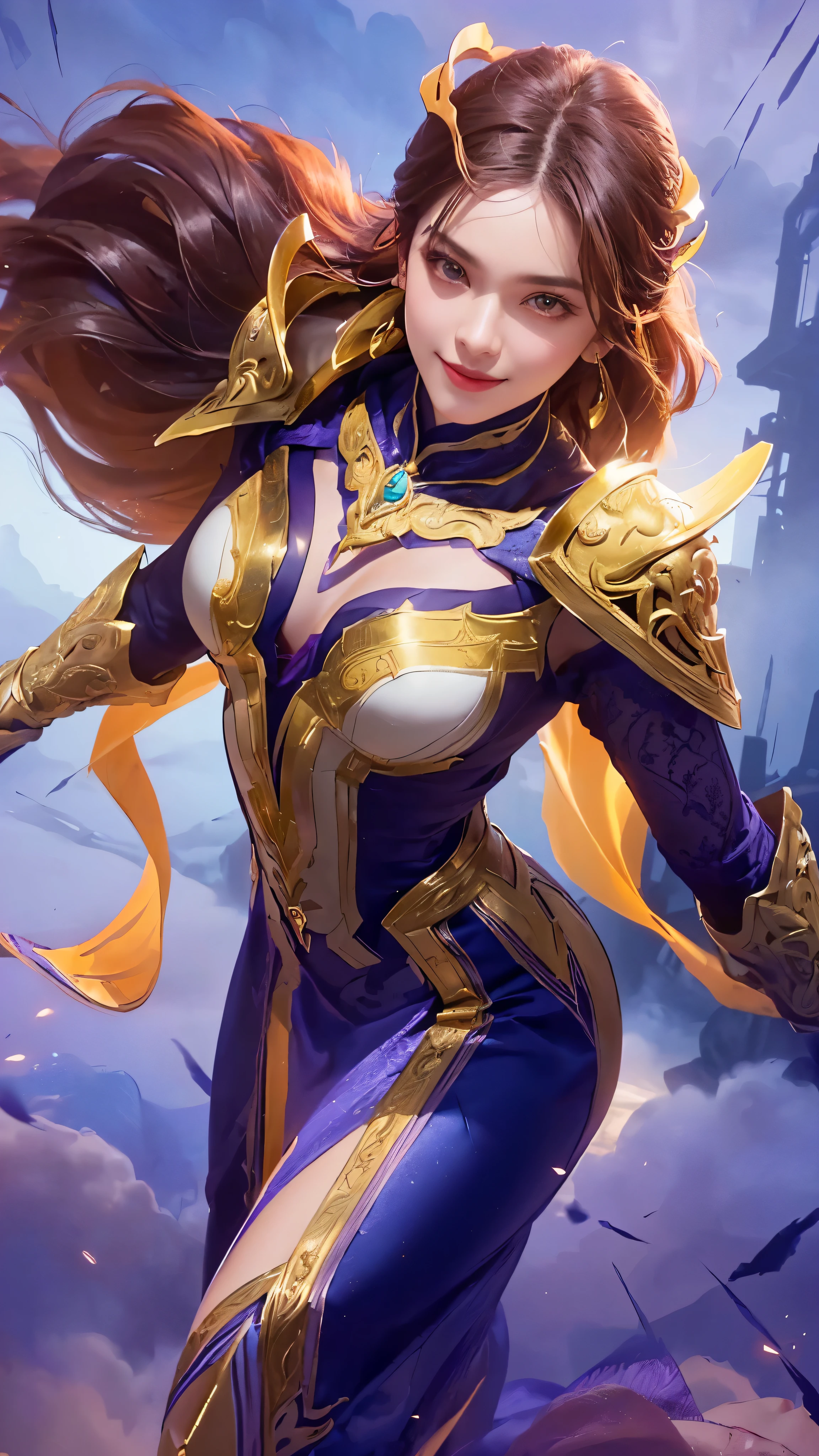 a woman in a purple and gold outfit holding a sword, portrait of modern darna, female protagonist, smile, detailed facial features, high definition, realistic, cinematic lighting, dramatic pose, dynamic action, fantasy, digital art, concept art, 8k, detailed ornate dress, flowing fabrics, intense gaze, powerful presence, dynamic composition, dramatic lighting, atmospheric background