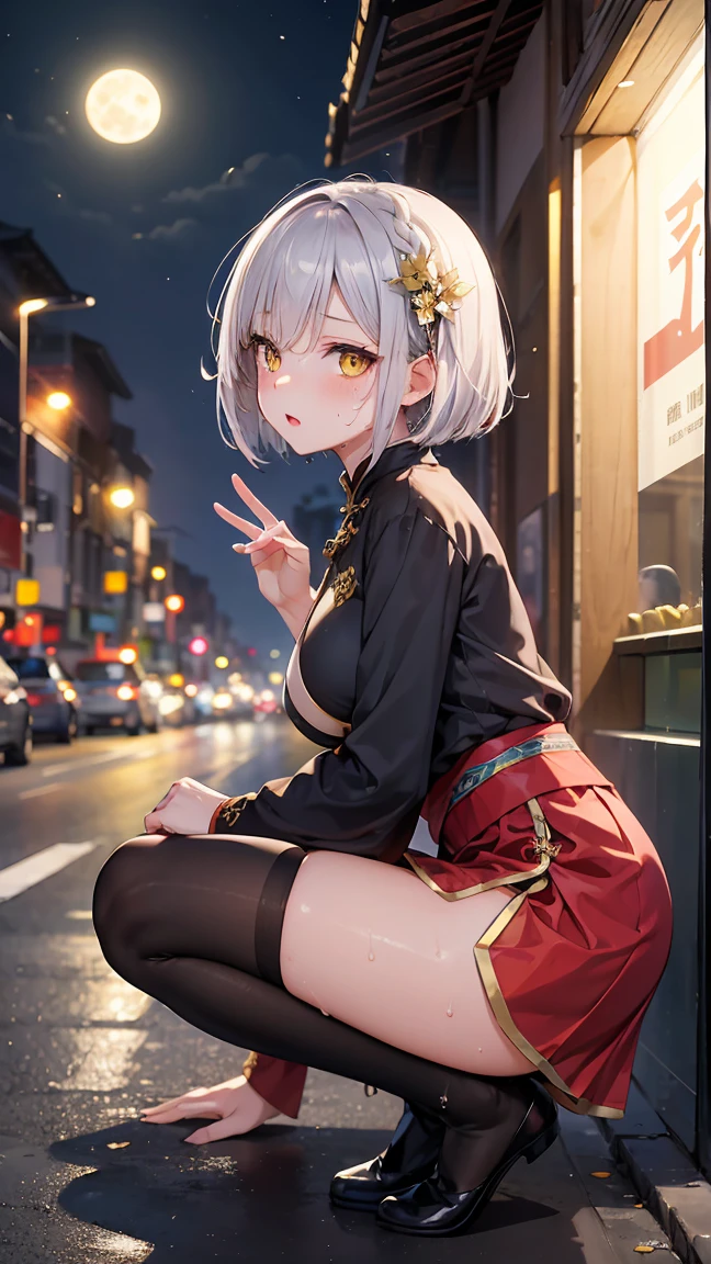 Young girl , short silver bob hair, hair flower, sharp bangs between the eyes, yellow eyes, eyes large, provocative look, obscene expression, notable physical features, traditional chinese imperial clothes black with gold details, red skirt, black thigh high socks. half-sided angle, crouched in the street, lumbar angle, 90 degree body angle. japanese city, outdoor city, city at night, with full moon in the background, light reflecting on the sexy and sweaty body. (((sweat))) (work of art:1.2,) (best qualityer.)