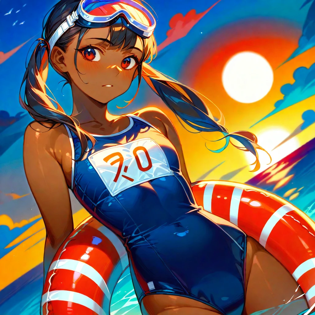 score_9_up, score_8_up, score_7_up, score_6_up, source_アニメ，2d, flat、Black Hair、Pigtails、Navy blue school swimsuit、Brown skin, glowing skin、(Red polka dots swim ring wrapped around chest)、Red underwater goggles, ocean、Sunset, evening