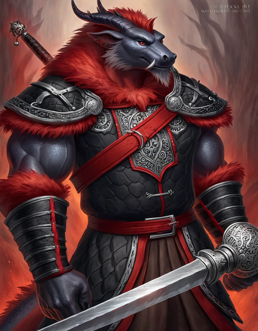 Anthropomorphic dragon boasts a "soft beefy" physique. The "soft" aspect of his physique is achieved through a meticulous distribution of muscle and fat that creates a sense of comfort and approachability. skin is a rich, deep black, with a subtle shimmer that hints at his hidden nobility. His eyes are a piercing shade of Imperial red, framed by thick eyebrows that arch over them in a constant state of curiosity. His attire, a black gambeson padded overcoat vestment with striking red salmon accents and intricate silver metal ornaments, is both functional and symbolic. The gambeson, a padded garment, is tailored to allow for a full range of motion, emphasizing his agility despite his size. The armor's design is meticulously crafted, with each detail serving a purpose. The imperial red accents trace the contours of his muscles, highlighting his physical power and determination. The silver metal ornaments are strategically placed to protect vital areas while also enhancing his aesthetic appeal. Leox's fur is predominantly black with salmon red-colored highlights. The fur on his torso and limbs is dense yet well-managed, giving him a sleek and powerful look. His chest hair is kept at a moderate length, framing his broad pectoral muscles. Large axe like fangs. Wield a slashing blade in a rapier-like's hilt. Fast Strike action pose.  Taran Fiddler art Style