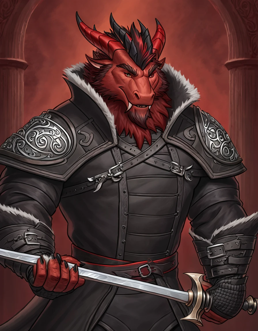 Anthropomorphic dragon boasts a "soft beefy" physique. The "soft" aspect of his physique is achieved through a meticulous distribution of muscle and fat that creates a sense of comfort and approachability. skin is a rich, deep black, with a subtle shimmer that hints at his hidden nobility. His eyes are a piercing shade of Imperial red, framed by thick eyebrows that arch over them in a constant state of curiosity. His attire, a black gambeson padded overcoat vestment with striking red salmon accents and intricate silver metal ornaments, is both functional and symbolic. The gambeson, a padded garment, is tailored to allow for a full range of motion, emphasizing his agility despite his size. The armor's design is meticulously crafted, with each detail serving a purpose. The imperial red accents trace the contours of his muscles, highlighting his physical power and determination. The silver metal ornaments are strategically placed to protect vital areas while also enhancing his aesthetic appeal. Leox's fur is predominantly black with salmon red-colored highlights. The fur on his torso and limbs is dense yet well-managed, giving him a sleek and powerful look. His chest hair is kept at a moderate length, framing his broad pectoral muscles. Large axe like fangs. Wield a slashing blade in a rapier-like's hilt. Fast Strike action pose.  Taran Fiddler art Style