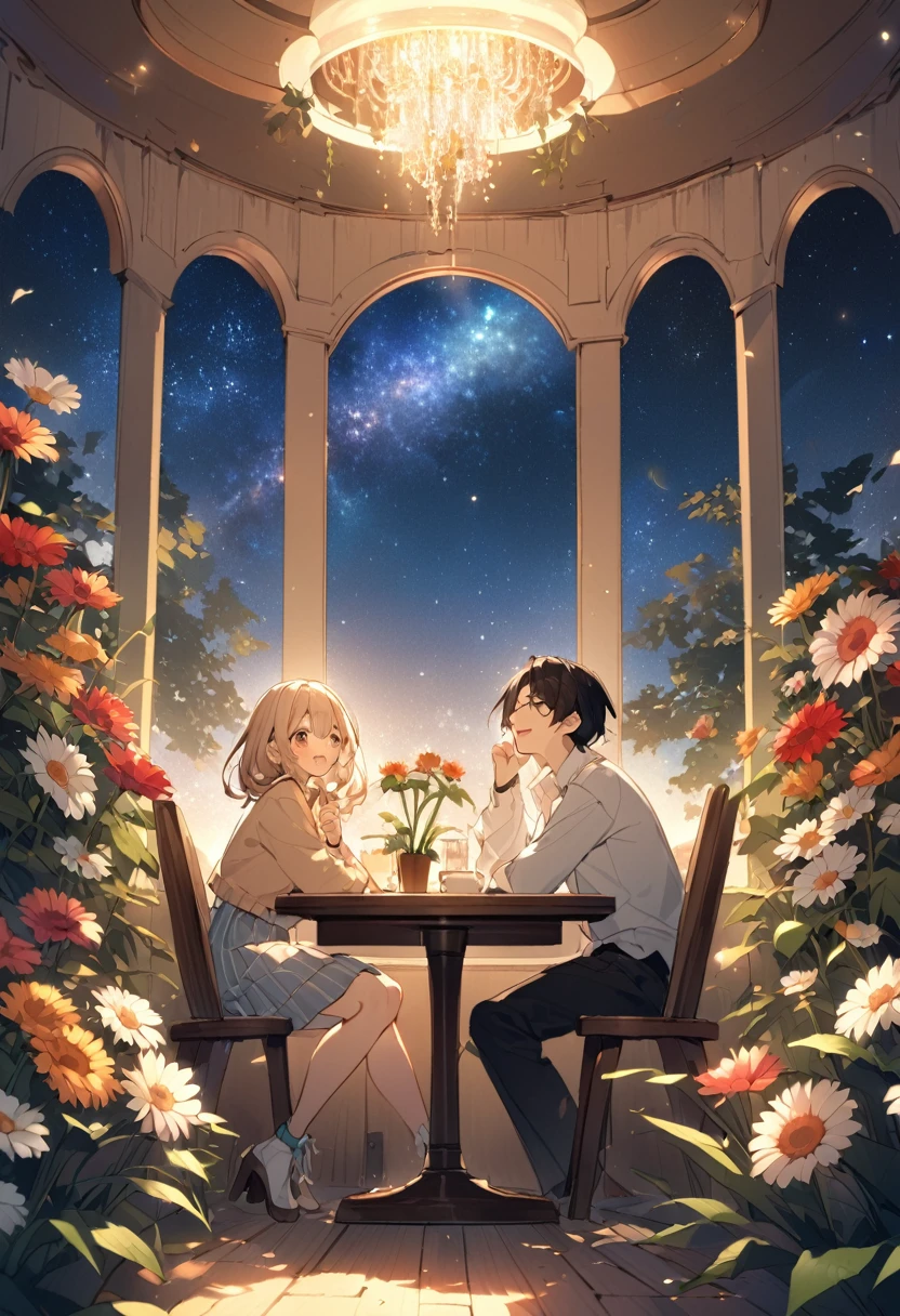 wood、Grass、Surrounded by flowers　people々are smiling happily and talking　There is a long desk　There is a chair　An open-air cafe in the middle of nature　The sunlight pours in　The  is studying　Adults are working　大peopleと子供が話をしている　大peopleと子供は笑顔　子供は16歳の男の子2peopleと女の子2people　20歳の男性と女性3peopleずついる　40歳の女性が2peopleいる 30歳の男性が3peopleいる　Many gerbera flowers in bloom　多くのpeopleが座ってリラックスしている　Big April　night　You can see the starry sky　Thousands of stars are shining　You can see the Milky Way　people々is gazing at the starry sky　Romantic atmosphere with a large transparent roof　people々が15peopleくらいいる
