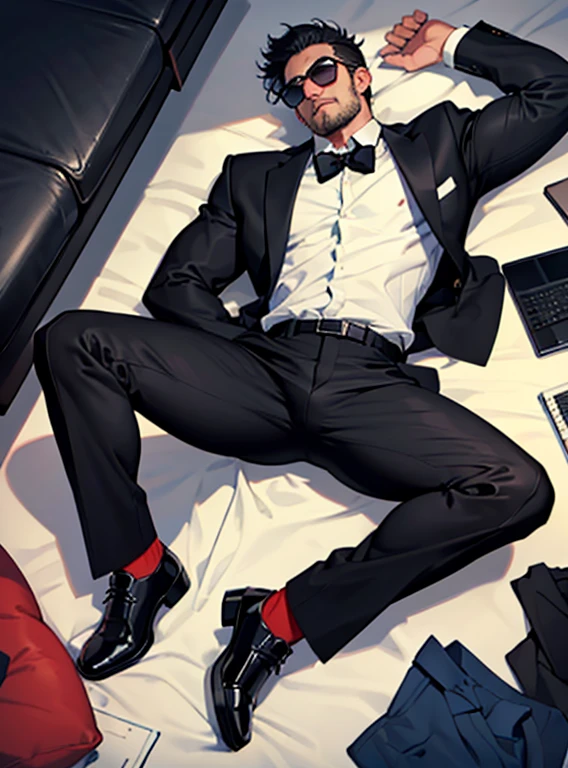 30 years old,Dad,Single simple black suit,Lying on the ground,Open your legs more,Black Belt,Black socks,Dirty black leather shoes,black tie,logic, Gay ,Black Hair,Short Hair,Thick eyebrows,Stubble,Lightly set your hair with wax,Asian Faces,Masculine,Salaryman,Bulging in the crotch area of pants,Erotic ,View from above