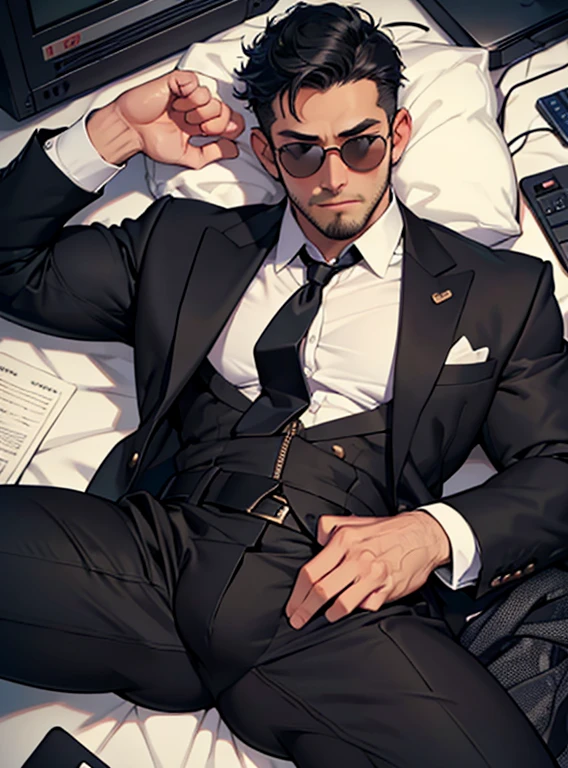 30 years old,Salaryman,Single simple black suit,Falling to the ground and sleeping,Open your legs more,Black Belt,black tie,logic,,Gay ,Black Hair,7:3 parting / all back,Stubble,Black sunglasses,Asian Faces,Masculine,Bulging in the crotch area of pants,Erotic ,View from above、The zipper of his pants is open、Pubic hair visible