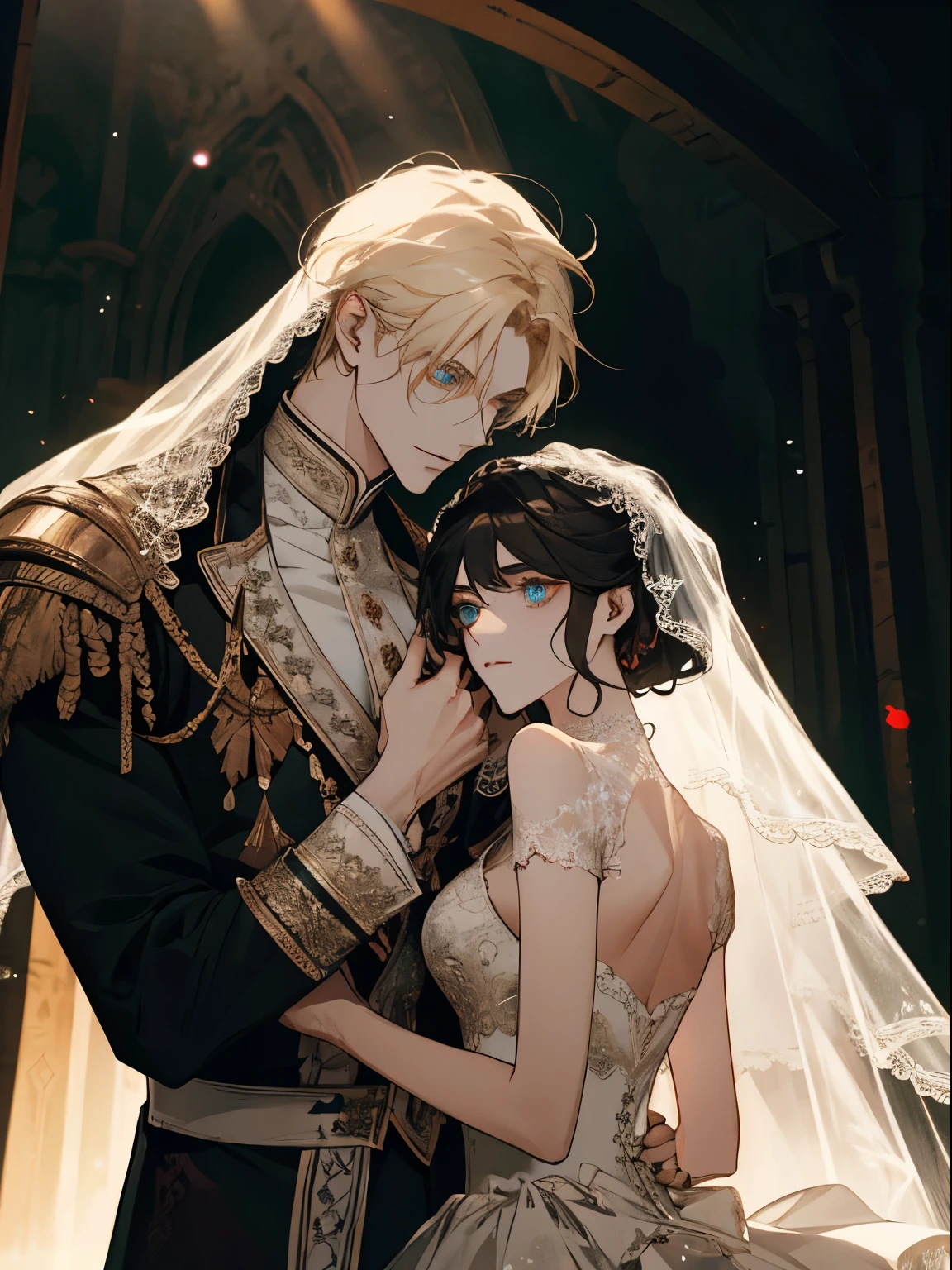 (extreamly delicate and beautiful:1.2), 8K, (masterpiece, best:1.0), Two Men, body complet, a blond, black-haired, seethru , knights, Man wearing a veil、Wedding between guys, sacred place, and intricate detailing, and intricate detailing, finely eye and detailed face, Perfect eyes, Equal eyes, (A male god), Fantastic lights and shadows、landscapes、florals, Uses backlight and rim light