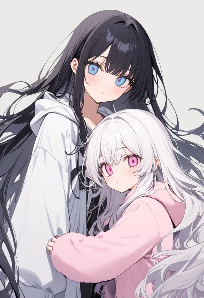 Two girls,one girl(white hair, straight long hair, beautiful hair, pink eyes, droopy eyes), other one girl (black hair, straight long hair, beautiful hair, blue eyes, slanted eyes), hoodie, a cute boa hoodie, Jirai Kei