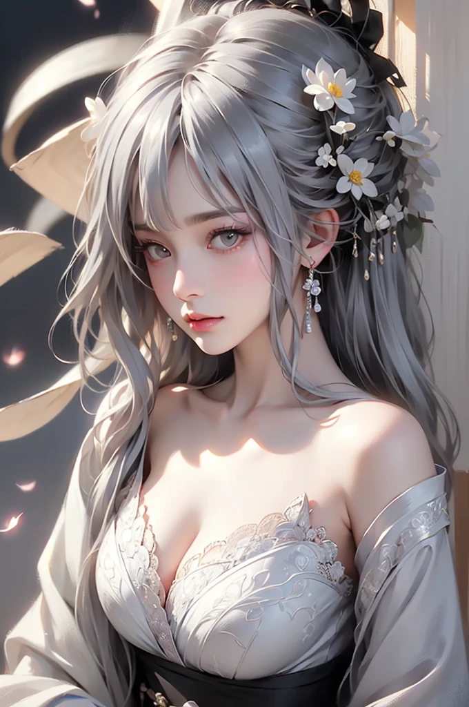 super high quality, masterpiece, Perfect illustration, Very detailed (Exquisite light and shadow, Very dramatic photo,Backlight) , ((Gray Hair:1.5))1 Girl,(( alone:1.6)), (Wearing Japanese clothes, Black and white kimono,Monotony,Long sleeve) Flower Field, Flowers, (White smoke:1.3) (Realistic:1.4), Zen Intertwining, Tangled, Official Art, unity 8k wallpaper, Very detailed, Beautiful and beautiful, masterpiece, Highest quality, (Dynamic Angle: 1.4), Glowing Skin, (Floating colorful flashes: 1) The most beautiful chaotic shapes, elegant, Brutalist Design, Bright colors, Romantic Depth of Field Exotic_dance, half_naked、Expose your shoulders、Ample breasts、Great cleavage、(from forward)
