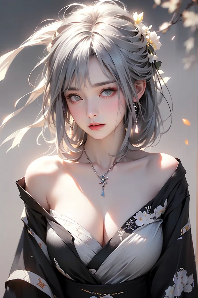 super high quality, masterpiece, Perfect illustration, Very detailed (Exquisite light and shadow, Very dramatic photo,Backlight) , ((Gray Hair:1.5))1 Girl,(( alone:1.6)), (Wearing Japanese clothes, Black and white kimono,Monotony,Long sleeve) Flower Field, Flowers, (White smoke:1.3) (Realistic:1.4), Zen Intertwining, Tangled, Official Art, unity 8k wallpaper, Very detailed, Beautiful and beautiful, masterpiece, Highest quality, (Dynamic Angle: 1.4), Glowing Skin, (Floating colorful flashes: 1) The most beautiful chaotic shapes, elegant, Brutalist Design, Bright colors, Romantic Depth of Field Exotic_dance, half_naked、Expose your shoulders、Ample breasts、Great cleavage、(from forward)