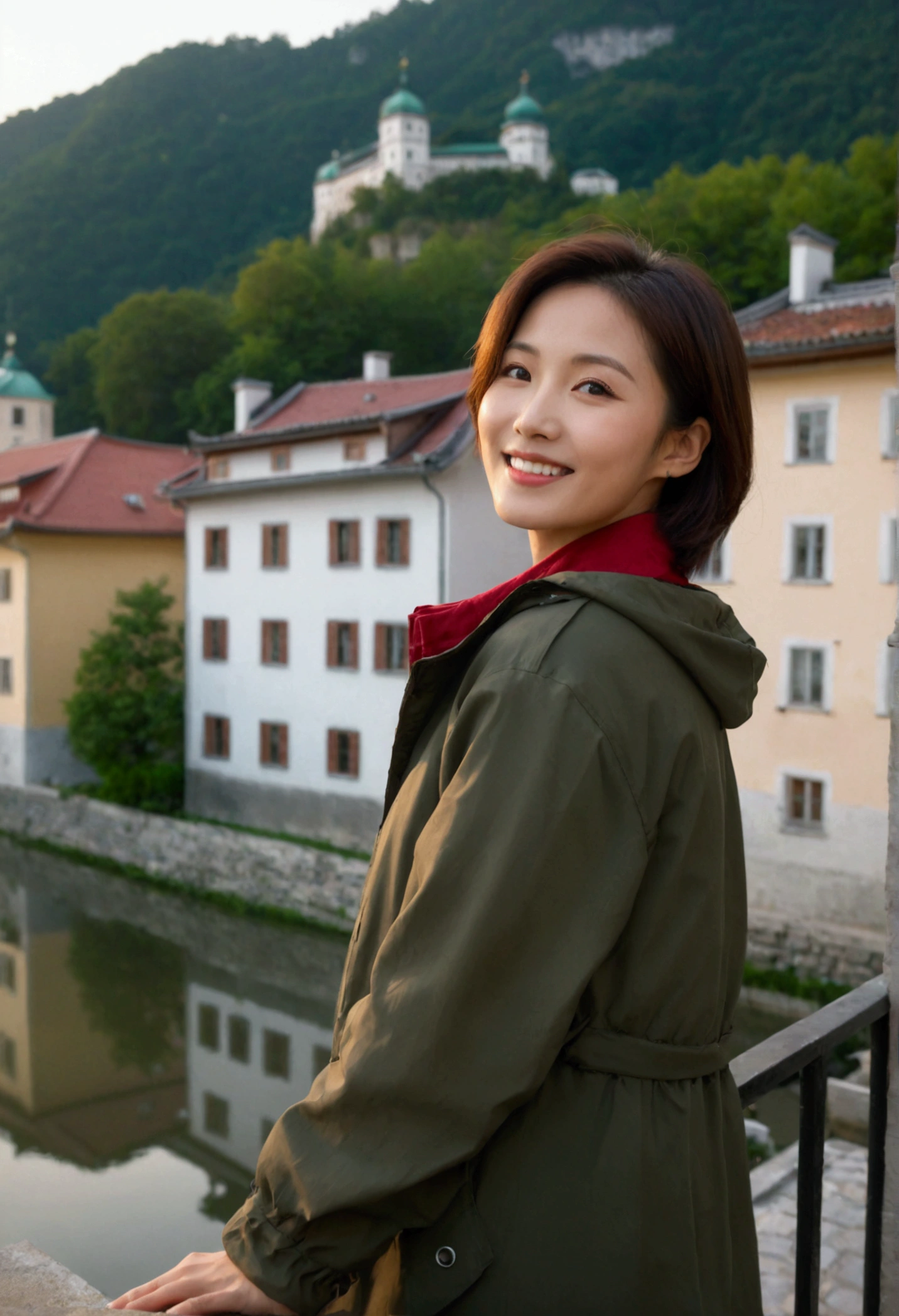 high quality, 1 woman, ((36-year-old healthy Korean woman)), ((36 years old)), 1 woman, eyes are big and beautiful. ((slim)), ((short medium hair)), Smile. pose: standing, windbreaker jacket, background:Your residence is a baroque townhouse with a plaster façade and wrought iron railings.. Overlooking the Salzach River and Hohensalzburg Fortress, red light of sunset, looking slightly up, 1 woman, Full body shot with Canon 16-34 wide angle lens, river view, looking up the side, red light of sunset이 강하다.