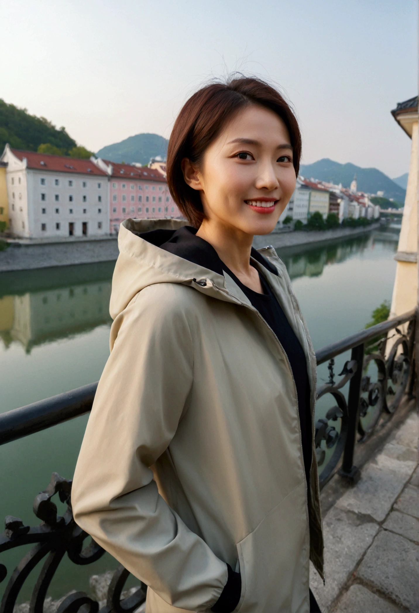 high quality, 1 woman, ((36-year-old healthy Korean woman)), ((36 years old)), 1 woman, eyes are big and beautiful. ((slim)), ((short medium hair)), Smile. pose: standing, windbreaker jacket, background:Your residence is a baroque townhouse with a plaster façade and wrought iron railings.. Overlooking the Salzach River and Hohensalzburg Fortress, red light of sunset, looking slightly up, 1 woman, Full body shot with Canon 16-34 wide angle lens, river view, looking up the side, red light of sunset이 강하다.