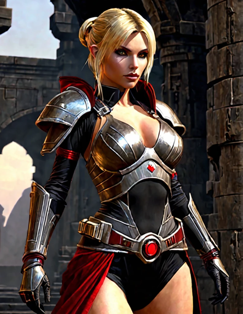 Une femme aux cheveux longs blonde, seule,  apparence sensuelle, seigneur sith, inspiré de star Wars old republic, en armure moulante noir, marche dans des ruines d'un temple sith de koriban sombre, sabre laser rouge en main, a un regard fort, des yeux doré, un visage doux  et autoritaire , démarche gracieuse, courbes parfaite pour le corps en sablier, hanche ronde en forme de coeur.