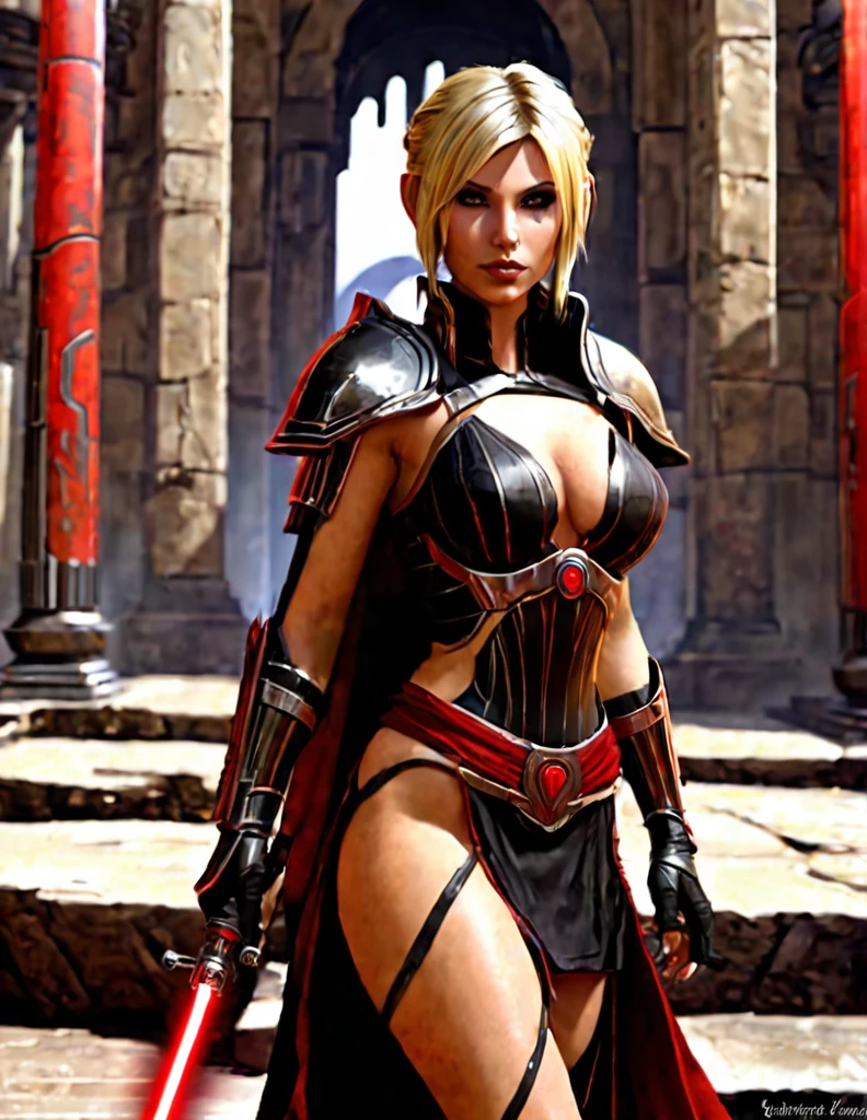 Une femme aux cheveux longs blonde, seule, apparence sensuelle, seigneur sith, inspiré de star Wars old republic, en armure moulante noir, marche dans des ruines d'un temple sith de koriban sombre, sabre laser rouge en main, a un regard fort, des yeux doré, un visage doux et autoritaire , démarche gracieuse, courbes parfaite pour le corps en sablier, hanche ronde en forme de coeur.