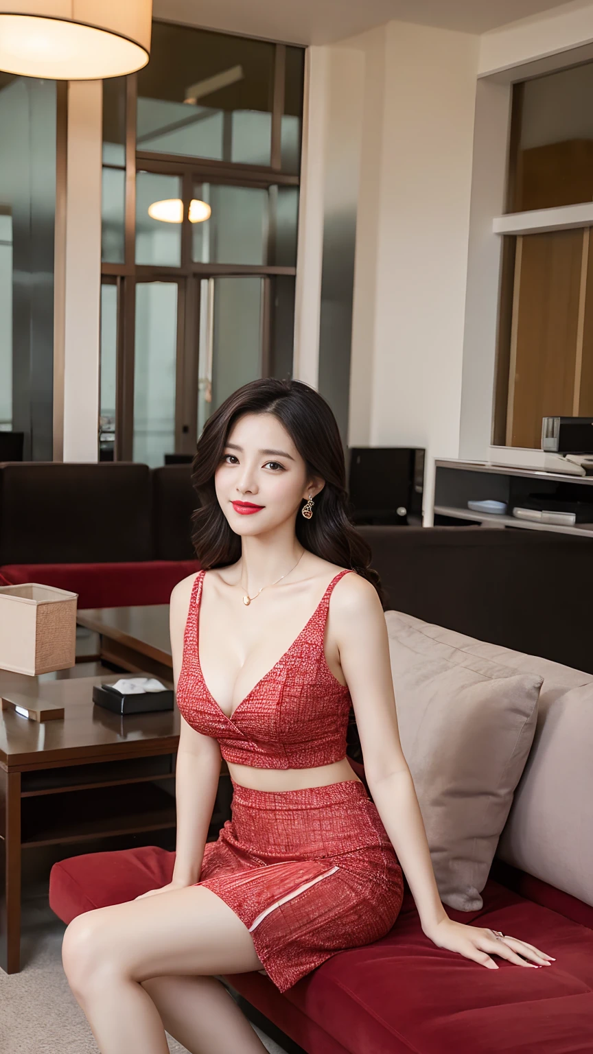 career woman、Heavy makeup、Bright red lips,masterpiece,best quality,ultra detailed,highres,high-resolution,4K,realistic,RAW photo,((real person)),portrait photography,photorealistic,detailed skin,(delicate black eyes ), A soothing woman with sagging eyes,Calm and calm, middle hair,skinny,clothing,The wind is blowing,tareme、Highest quality、Realistic characters、A reception room on the top floor of a high-rise building、secretary、Office lady suit、mini skirt、CHANELWind、Byheel、Beautiful legs、Sitting on the sofa、Panty shot、elegant、Perfect Makeup、Beautiful décolleté、Anatomically correct、eight-headed body、Beautiful posture、Japanese、nice smile、Bright red lips、The perfect dress shirt