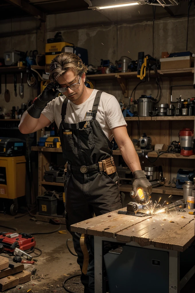 "In a well-equipped workshop, the scene focuses on a workbench where several electrical tools are arranged. At the center, an electric saw is in operation, cutting a piece of wood accurately, sparks flying due to contact with a hidden nail. The saw makes a loud, screeching sound, creating an atmosphere of high tension and concentration. from beside, an electric drill is partially inserted into a piece of metal, with filings falling around. The environment is illuminated by bright lights, that highlight dust particles in the air. Safety equipment, such as protective glasses and gloves, are visibly hanging, emphasizing the importance of safety when using power tools. The scene captures the intensity and focus needed when wielding these powerful tools."