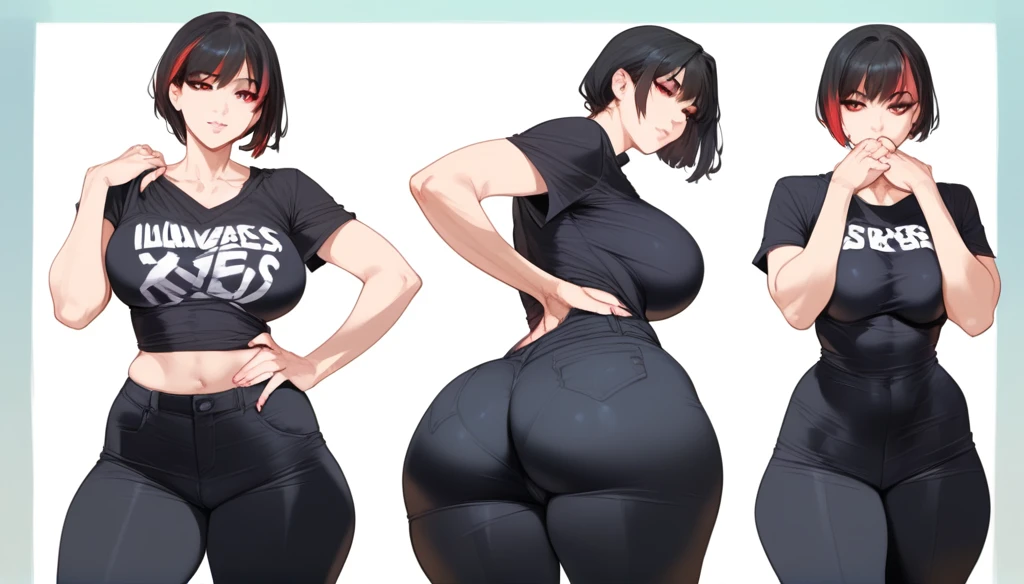 mixed_artstyle, 1 girl, Alone, hands, Asian, black t-shirt, black pants, short black hair with red highlights, red eyes, realistic, textures, 8K, perfect hand, perfect anatomy, visible curves, Breasts, Multiple views, Various poses