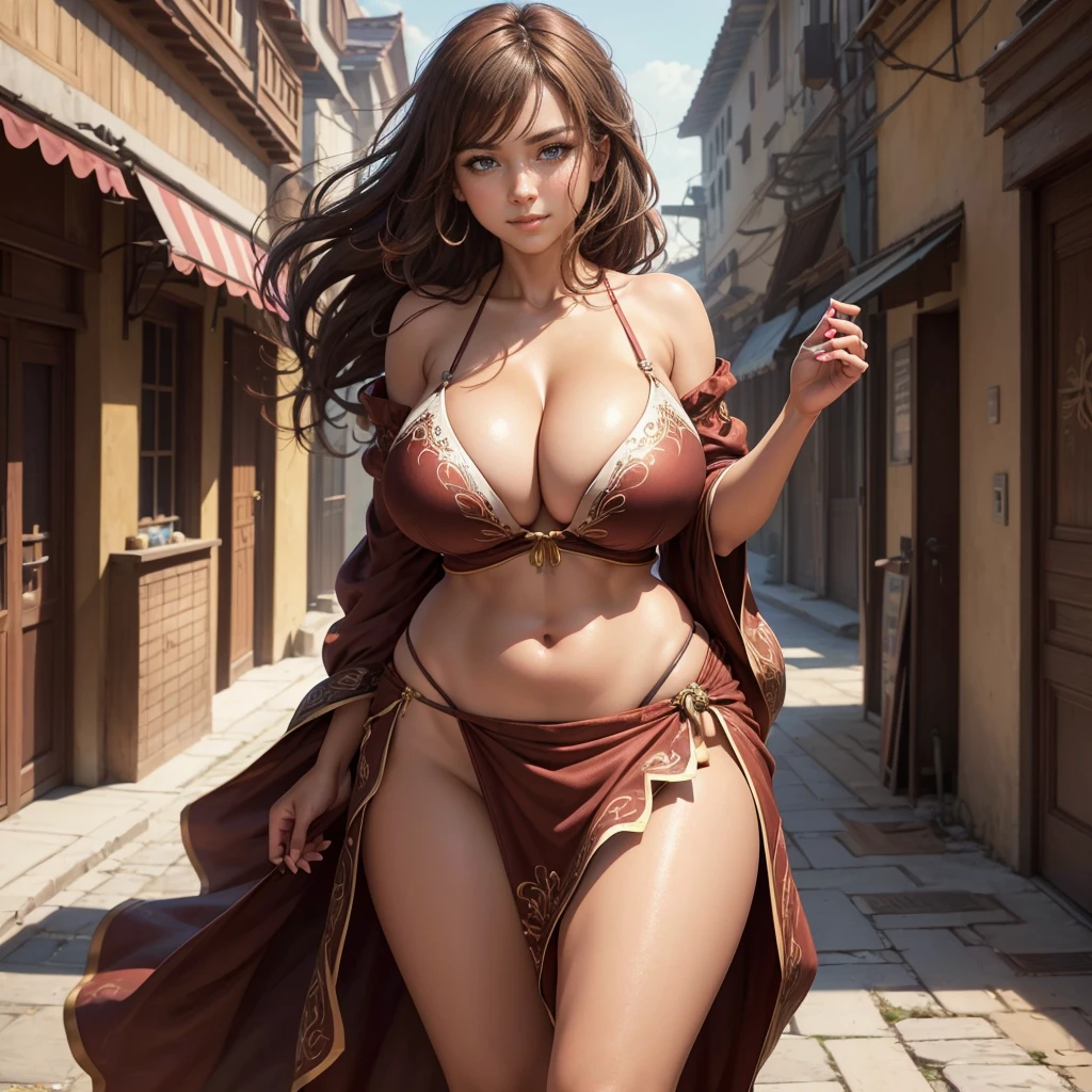(Highly detailed CG unit 8K wallpaper, masterpiece, High resolution, highest quality, highest quality real texture skin, Super Real, Digital Painting, Best image quality, 最High resolution, 8K, )Very beautiful ager, ((Highly detailed eyes and face)), Beautiful eyes every detail, Full Body Shot, Dazzling, Off the shoulder, micro bikini, long skirts, dress, , chinese style embroidery, ((disproportionate breasts, huge breasts, sagging breasts:1.5, Cleavage:1.5, gigantic breasts, Saggy breasts, Gravity-dependent breasts, Heavy chest, long chest, Heavy chest)), erect nipple, (((tanned skin, brown skin, dark skin, sideboobs))), slender, (smile, grin), Strong winds, typhoon, light brown hair, lewd, Prostitute, Metallic red,