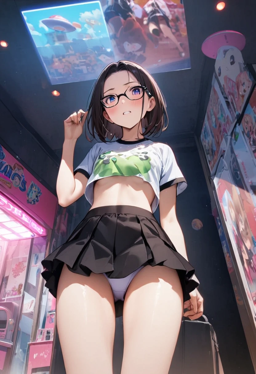 underboob、bellybutton、crop top look、Chibi T-shirt、Fashionable glasses、Cute Panties、Very Very Mini Skirt、Panty shot、arcade、game machine、Game bench、UFO Catcher、Purikura、Date、forehead、Girl、Girl、Short、Younger、、Baby Face、flat chrassed、Dynamic Angle、masterpiece、best quality、ultra-detail、There are customers around、I'm making a mess、Clothing、shoot from below