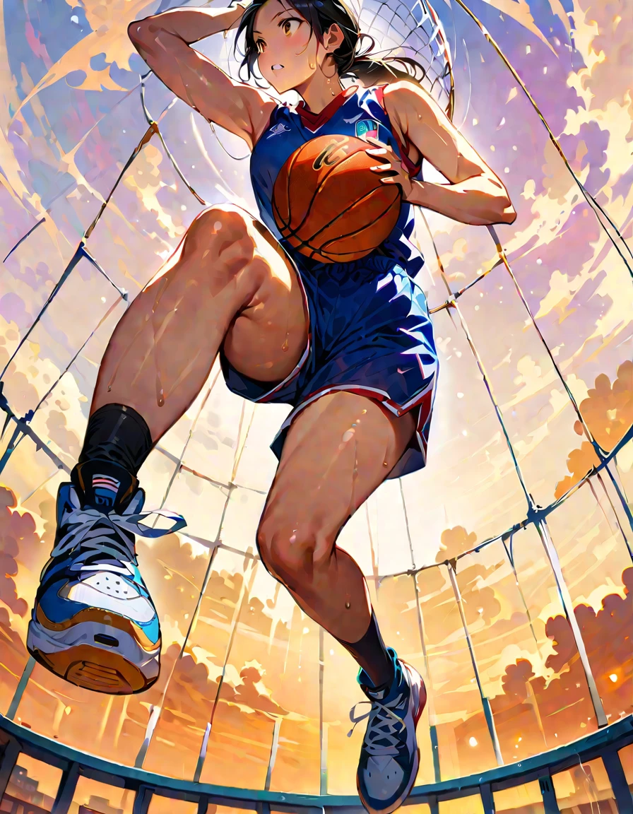 Young beautiful woman,(Highest quality,Extremely detailed depiction,Incredibly absurd high resolution,Anatomically accurate depiction,SFW),(Glowing Skin,Shiny skin,Sweat),basketballの選手,basketballのユニフォーム,basketball,A spectacular dunk shot,The winning goal,background:basketballの試合中,From directly below:1.3