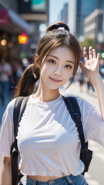 ((Best Picture, 8k, Masterpiece: 1.3)), 21 years old, realistic, beautiful eyes, wearing white T-shirt, colorful hair, ponytail, viewer discretion, meeting in the city, ((carrying backpack)), hands raised and waving, breasts, model standing