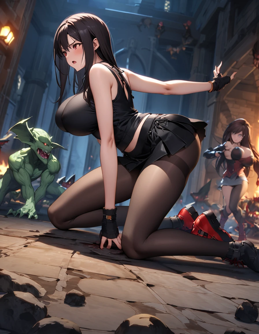 Final Fantasy 7 Tifa Lockhart　　Indoor at night、Wearing black pantyhose　Wearing a mini skirt、Wearing black clothing、Big Breasts、Stylish、Attack causes clothes to tear、Attacked by Goblins、Thin legs、Black long hair、bare hands、writhing violently、Wearing red shoes、Kneel on the ground