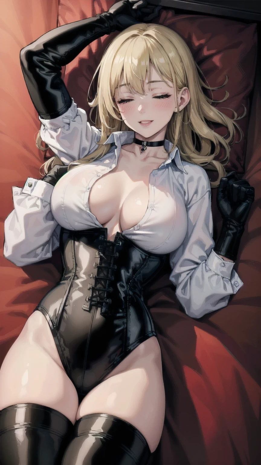 Masterpiece, Superior image quality, high resolution, 4k image,photo and gross, photorealistic, whole body, ung girl of 15 years, {{{vagina}}}, asleep, lying on a bed with red sheets, View from above, big breasts, beautiful face, Long blonde hair, Closed eyes, pink cheeks, excited expression, drawing a happy smile, choker:1.6, (white collar button down long sleeve shirt), black gloves, gloves that cover hands, (black leather corset), (shiny black leggings), Sensual Lips, elegant room, at night
