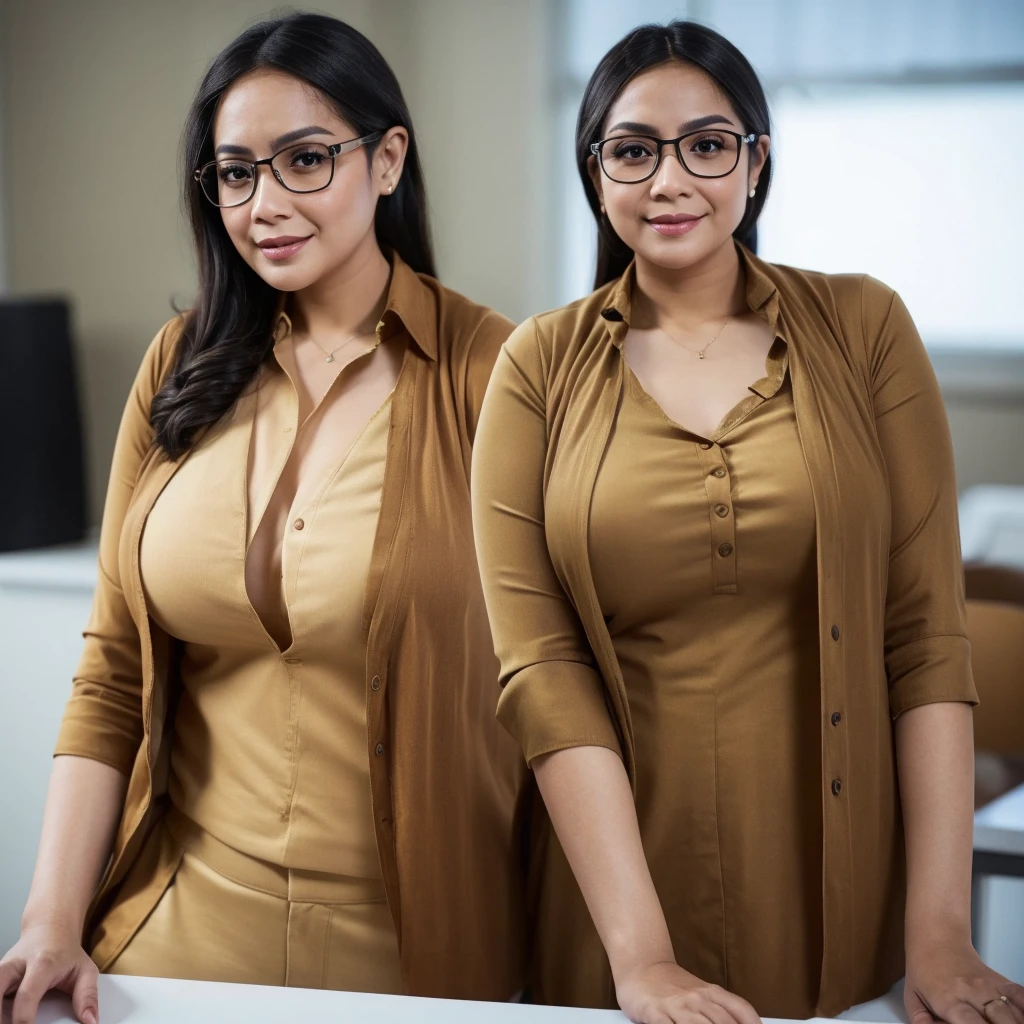 ((2woman)), ((beautiful Nerd malaysia Mature woman : 1.2, College Lecturer)), 45 Years old, Middle age woman, name mira filzah brown eye, wearing nerd eyewear,tudung muslim, eyeliner, Mascara, Eyelashes, Sensual Lipsgloss,modern baju kurung look rich,, unbuttoned baju Kurung, calm,confident,happy,beautifull MILF Curvy body, White Skin Body,looking at viewer, sitting on desk in classroom, (photo, photorealistic:1.37), (ultrahigh-res), half body, walking pose, hyper detailed POV, by lee jeffries, nikon d850, film stock photograph ,4 kodak portra 400 ,camera f1.6 lens ,rich colors ,hyper realistic ,lifelike texture, dramatic lighting , cinestill 800, (huge breasts 1.3)