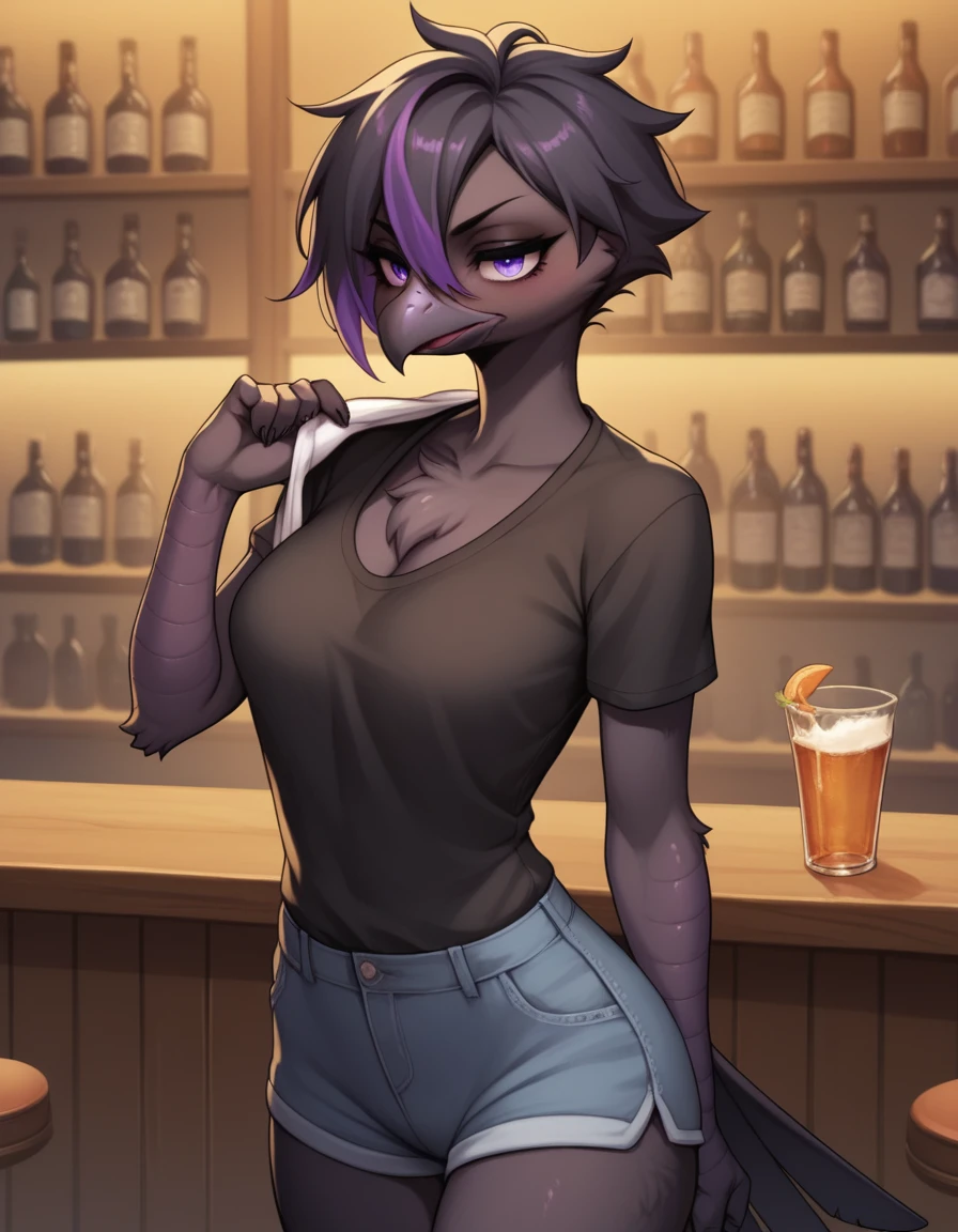 score_9, score_8_up, score_7_up, sera, kemono style, Anthro black avian, puffed up feathered chest fluff, purple eyes, tall slender body, , black hair with purple highlights, female, wearing black t shirt, in a bar, she is the bartender, standing behind the bar counter, front view, wiping the counter with a rag,