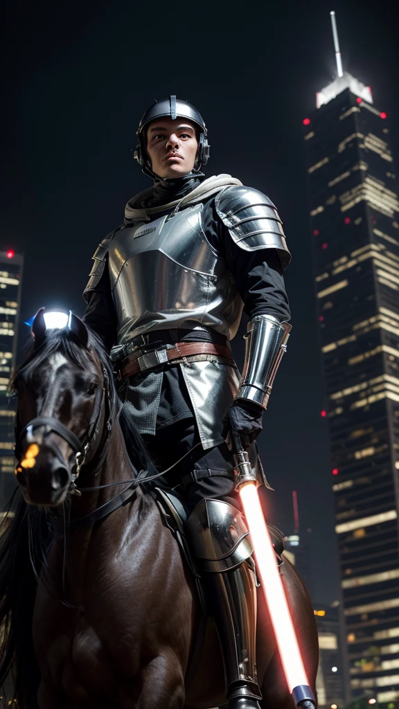 A medieval knight in the center of São Paulo holding a lightsaber in his right hand, wearing an astronaut helmet that reflects the surrounding skyscrapers. Mounted on a majestic black horse, he looks like an anachronistic and futuristic figure at the same time, capturing curious glances from the city's modern passersby.