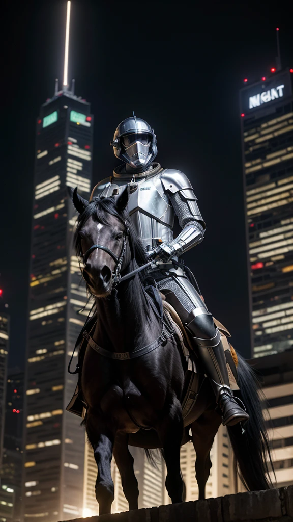 A medieval knight in the center of São Paulo holding a lightsaber in his right hand, wearing an astronaut helmet that reflects the surrounding skyscrapers. Mounted on a majestic black horse, he looks like an anachronistic and futuristic figure at the same time, capturing curious glances from the city&#39;s modern passersby.