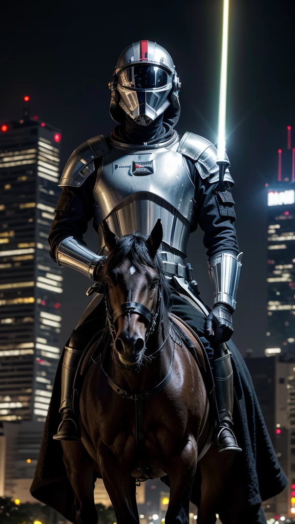 A medieval knight in the center of São Paulo holding a lightsaber in his right hand, wearing an astronaut helmet that reflects the surrounding skyscrapers. Mounted on a majestic black horse, he looks like an anachronistic and futuristic figure at the same time, capturing curious glances from the city's modern passersby.